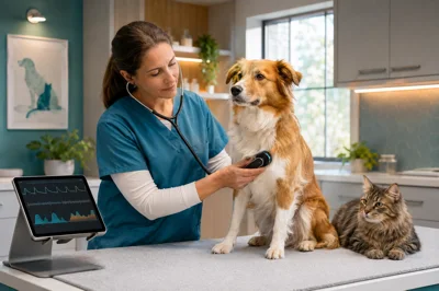 Illustration éditoriale d’une vétérinaire examinant un chien avec un stéthoscope numérique, un chat attendant à côté