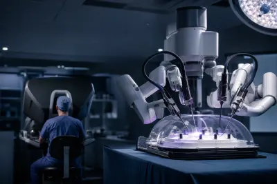Robotic surgical arms operating on a training model in a controlled laboratory