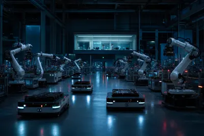 Industrial robots and autonomous vehicles working in a supervised lights-off factory