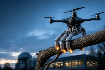 Illustration d’un micro-drone générique agrippé à une branche par une main robotique tactile