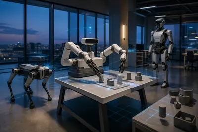 Bras robotisés, quadrupède et humanoïde génériques coordonnés par une intelligence spatiale dans un laboratoire