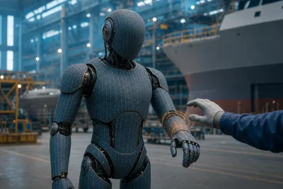 Robot humanoïde original à peau tactile près d'un opérateur dans un chantier naval