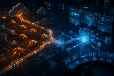 Agents d'attaque orange traversant un pipeline cloud vers un système d'analyse défensive bleu