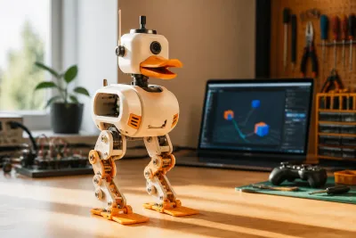 Illustration originale d’un petit robot programmable inspiré d’un canard sur un bureau de maker