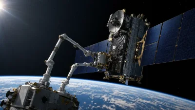 Reconstitution éditoriale d’un véhicule de maintenance orbitale manipulant un satellite avec deux bras robotiques