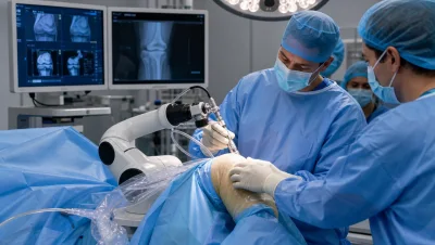 Reconstitution éditoriale de chirurgiens utilisant un bras robotique de guidage pendant une prothèse du genou