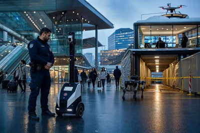 Policier supervisant un robot de patrouille tandis qu’un chien-robot et un drone inspectent une gare