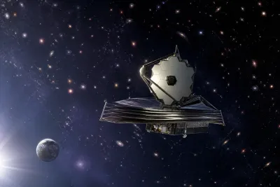 Illustration éditoriale originale d’un télescope spatial à grand champ s’éloignant de la Terre