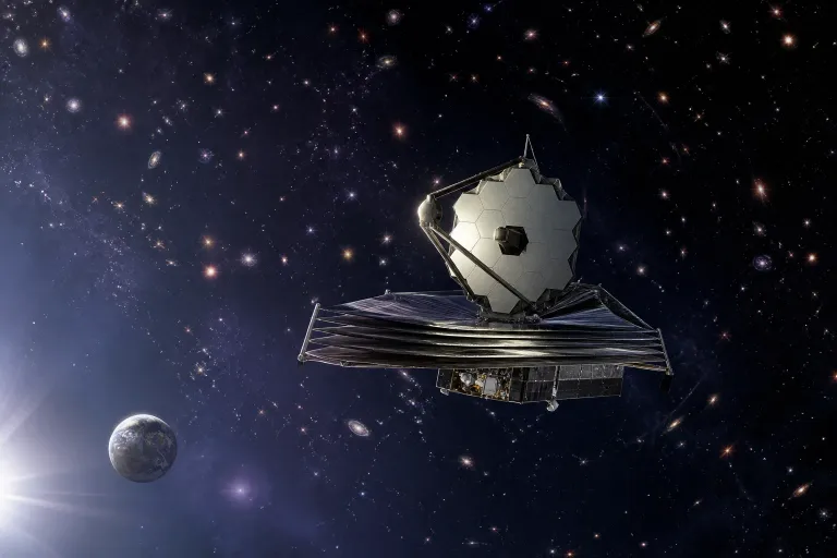 Illustration éditoriale originale d’un télescope spatial à grand champ s’éloignant de la Terre