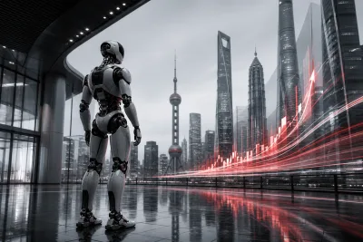 Illustration éditoriale d’un humanoïde générique face au quartier financier de Shanghai