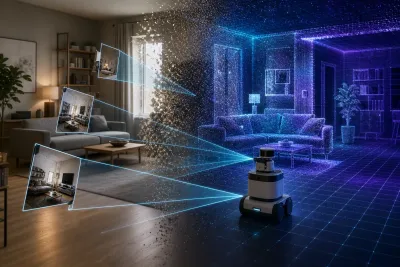 Visualisation originale d’une pièce transformée en simulation 3D pour entraîner un robot