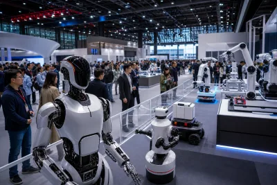 Illustration éditoriale d’un vaste salon robotique avec humanoïdes, robots mobiles et bras industriels
