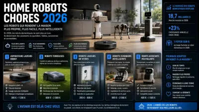 Home robots cleaning floors and handling dishes in a modern kitchen