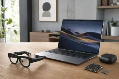 Camera-equipped smart glasses beside a laptop on a desk
