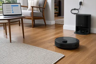 Lidar robot vacuum cleaning crumbs beside a rug and its dock