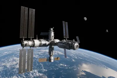 Realistic orbital station above Earth with the Moon in the background