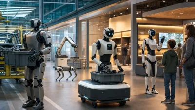 Panorama de robots humanoïdes, mobiles et quadrupèdes modernes dans des environnements industriels et de service